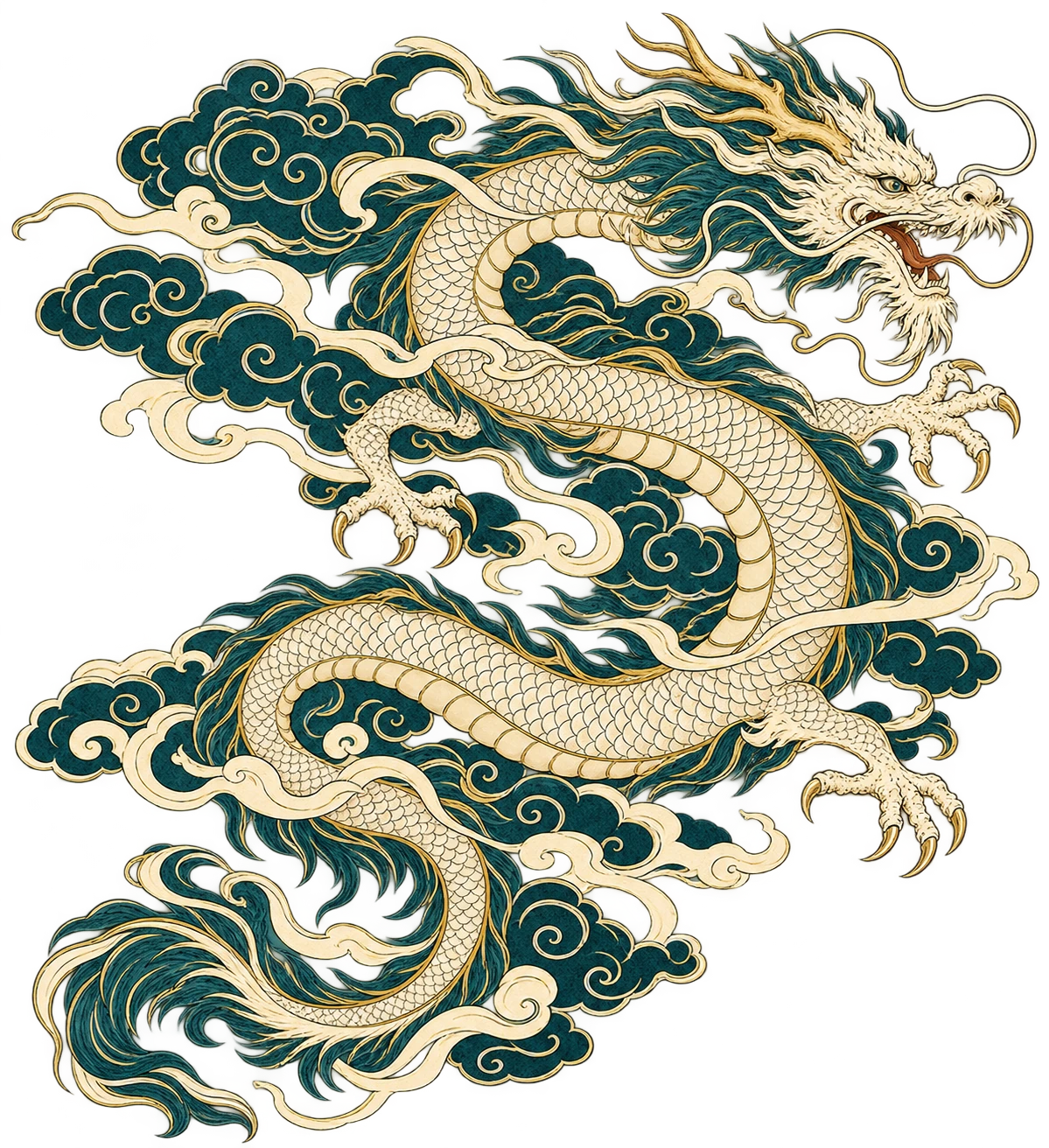 Ivory and gold dragon coiling through teal clouds