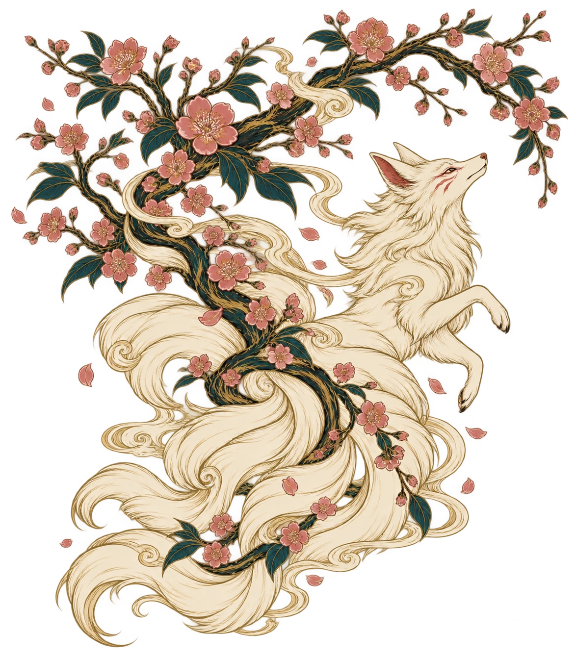 Ivory kitsune with flowing tails and teal foxfire