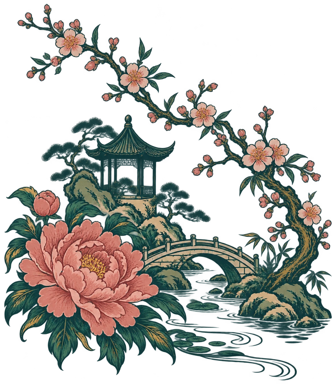 Chinese garden pavilion and blossoms