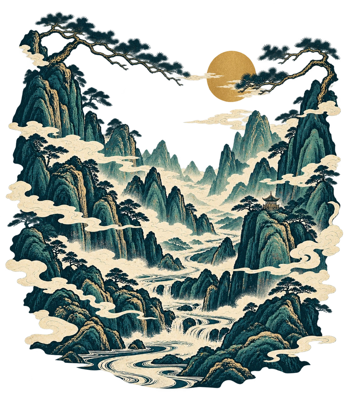 Connected mountain, river and pine landscape