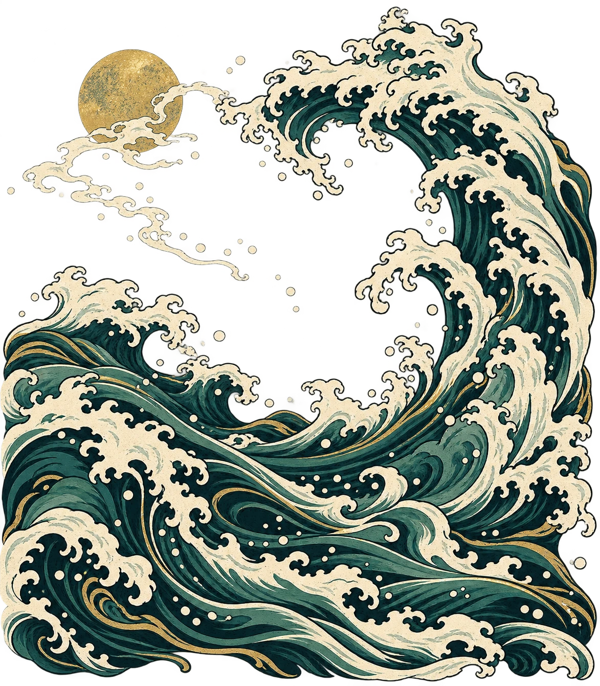 Sweeping teal and ivory ocean wave beneath a gold moon
