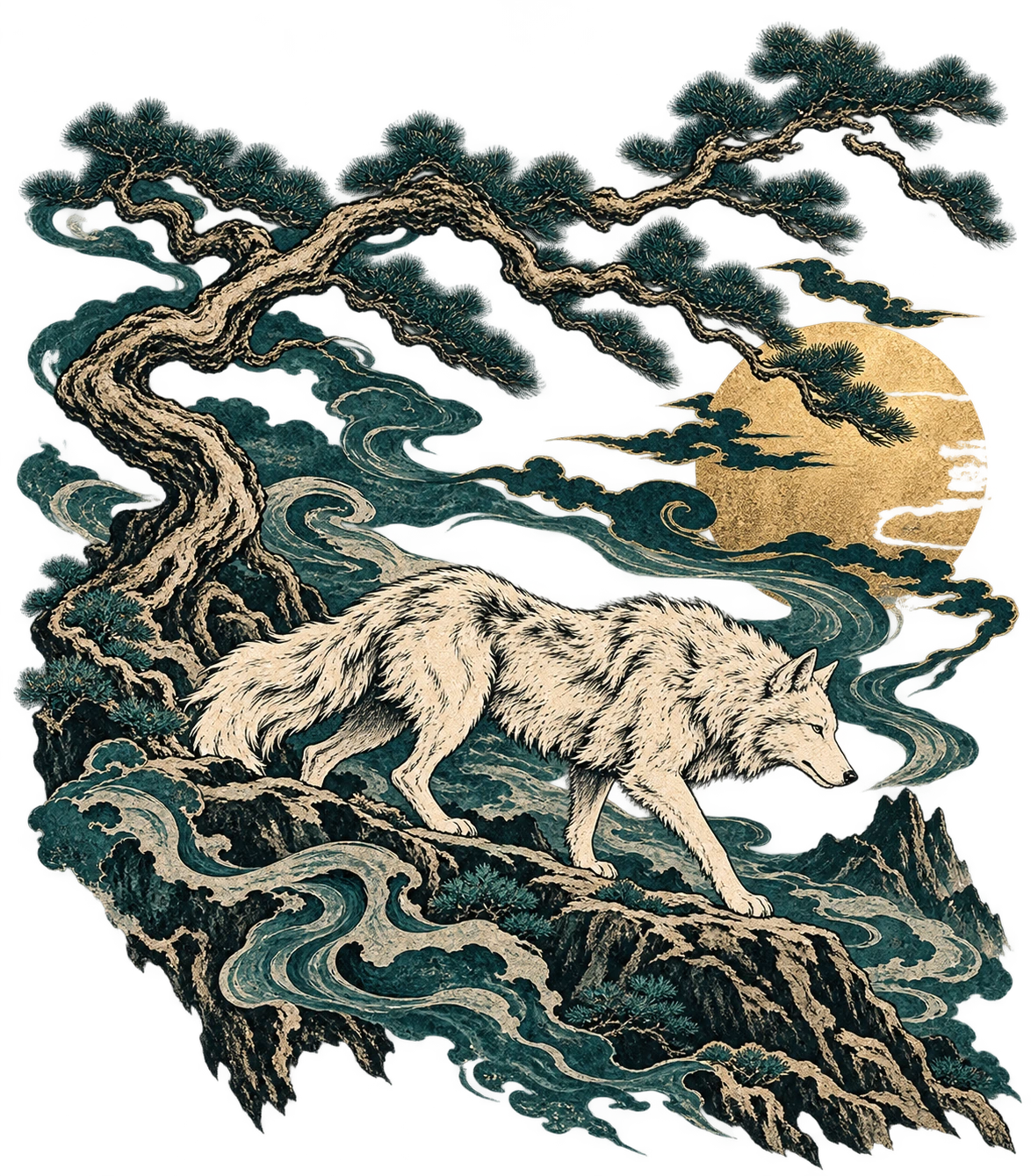 White wolf and teal waves