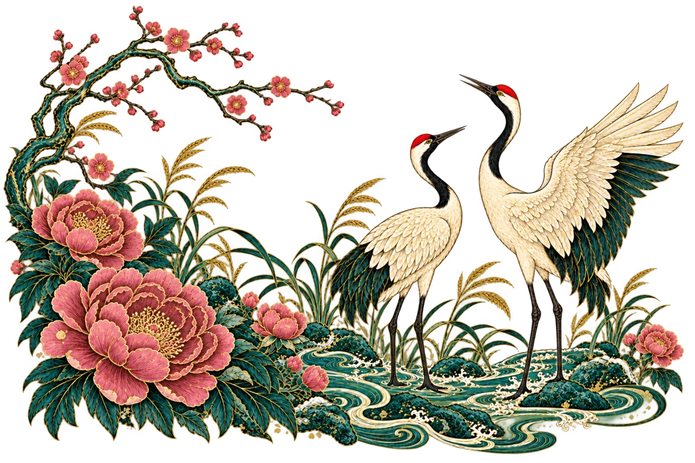 Crane and flowing botanical artwork